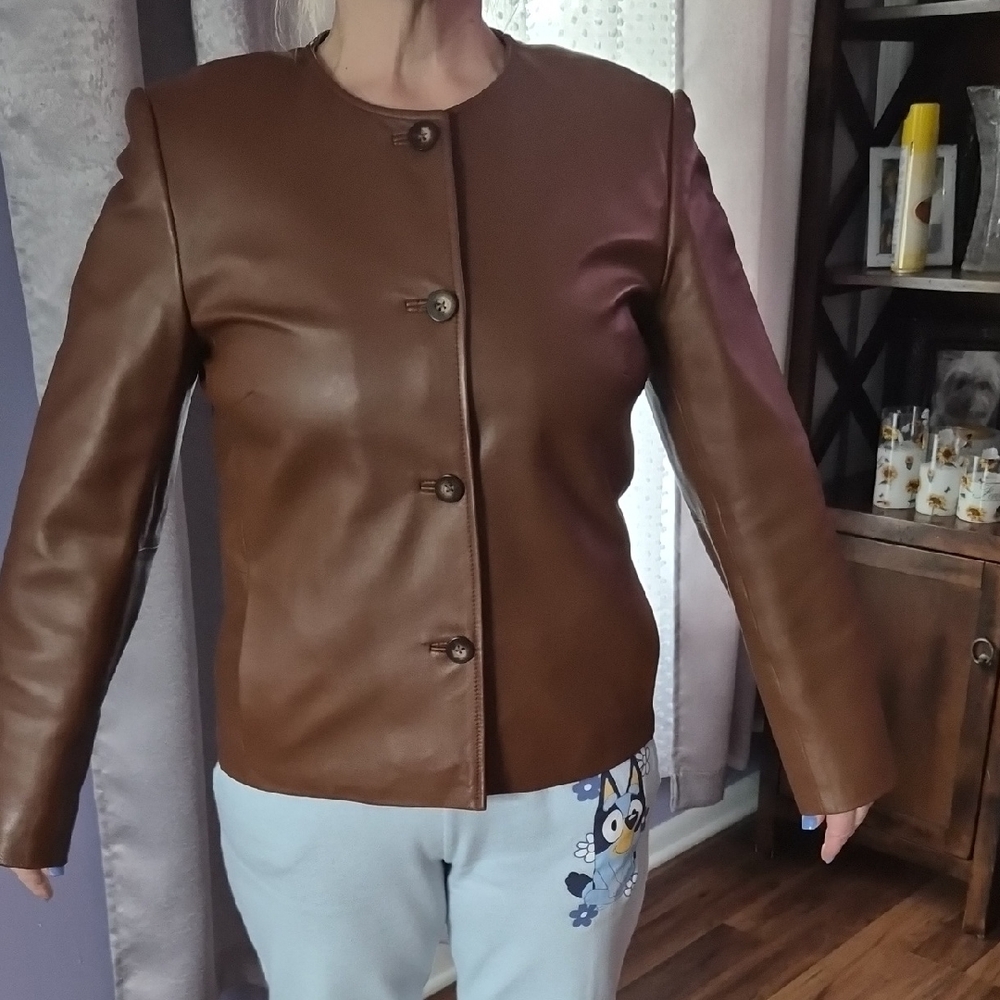 Talbots Classic Brown Genuine Leather Jacket PTP 19,5 LENTH 22